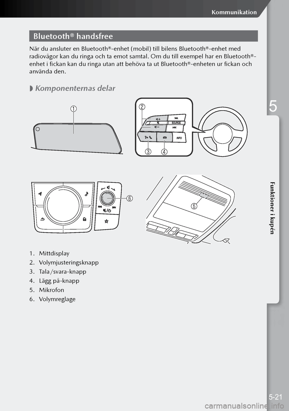 MAZDA MODEL 3 HATCHBACK 2019 Ägarmanual (in Swedish) Bluetooth® handsfree
När du ansluter en Bluetooth®-enhet (mobil) till bilens Bluetooth®-enhet med
radiovågor kan du ringa och ta emot samtal. Om du till exempel har en Bluetooth®-
enhet i ficka MAZDA MODEL 3 HATCHBACK 2019 Ägarmanual (in Swedish) Bluetooth® handsfree
När du ansluter en Bluetooth®-enhet (mobil) till bilens Bluetooth®-enhet med
radiovågor kan du ringa och ta emot samtal. Om du till exempel har en Bluetooth®-
enhet i ficka