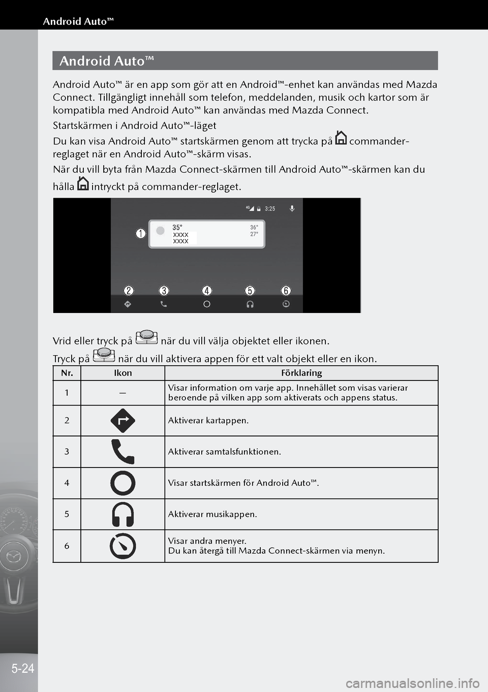 MAZDA MODEL 3 HATCHBACK 2019  Ägarmanual (in Swedish) Android Auto™
Android Auto™ är en app som gör att en Android™-enhet kan användas med Mazda 
Connect. Tillgängligt innehåll som telefon, meddelanden, musik och kartor som är 
kompatibla med