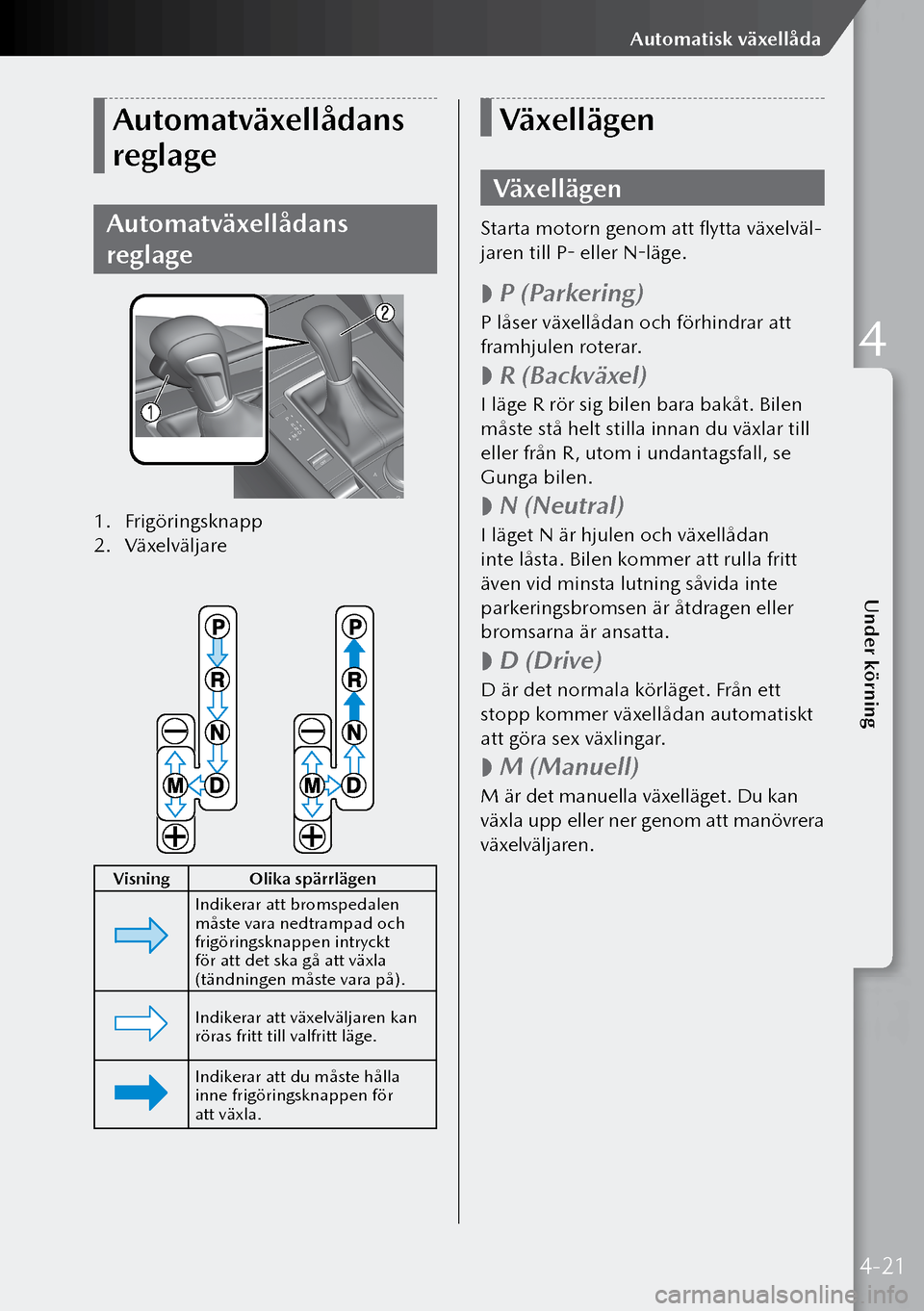 MAZDA MODEL 3 HATCHBACK 2019  Ägarmanual (in Swedish) Automatväxellådans 
reglage
Automatväxellådans 
reglage
1. Frigöringsknapp
2.  Växelväljare
 
Visning Olika spärrlägen
Indikerar att bromspedalen 
måste vara nedtrampad och 
frigöringsknapp