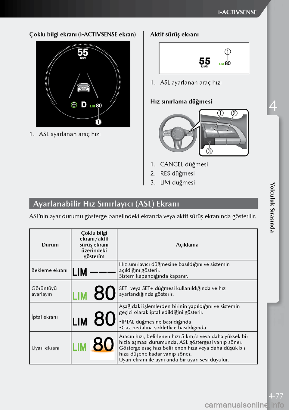MAZDA MODEL 3 HATCHBACK 2019  Kullanım Kılavuzu (in Turkish) Çoklu bilgi ekranı (i-ACTIVSENSE ekran)
1. ASL ayarlanan araç hızı Aktif sürüş ekranı
1.
 ASL ayarlanan araç hızı
Hız sınırlama düğmesi
1.  CANCEL düğmesi
2.  RES düğmesi
3.  LIM 
