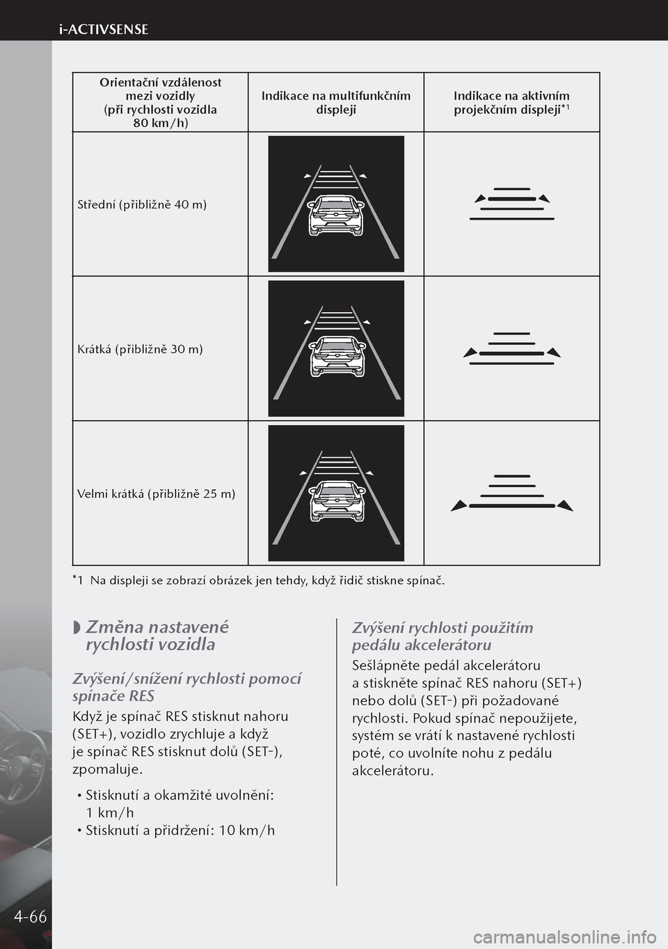 MAZDA MODEL 3 HATCHBACK 2019 Návod k obsluze (in Czech) Orientační vzdálenost mezi vozidly
(při rychlosti vozidla 80 km/h) Indikace na multifunkčním
displeji Indikace na aktivním
projekčním displeji*
1
Střední (přibližně 40 m)
Krátká ( MAZDA MODEL 3 HATCHBACK 2019 Návod k obsluze (in Czech) Orientační vzdálenost mezi vozidly
(při rychlosti vozidla 80 km/h) Indikace na multifunkčním
displeji Indikace na aktivním
projekčním displeji*
1
Střední (přibližně 40 m)
Krátká (
