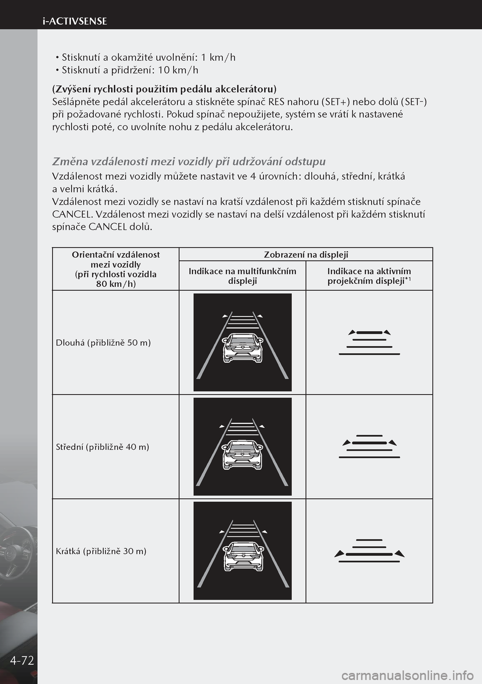 MAZDA MODEL 3 HATCHBACK 2019 Návod k obsluze (in Czech) Stisknutí a okamžité uvolnění: 1 km/h Stisknutí a přidržení: 10 km/h
(Zvýšení rychlosti použitím pedálu akcelerátoru)
Sešlápněte pedál akcelerátoru a stiskněte spínač MAZDA MODEL 3 HATCHBACK 2019 Návod k obsluze (in Czech) Stisknutí a okamžité uvolnění: 1 km/h Stisknutí a přidržení: 10 km/h
(Zvýšení rychlosti použitím pedálu akcelerátoru)
Sešlápněte pedál akcelerátoru a stiskněte spínač