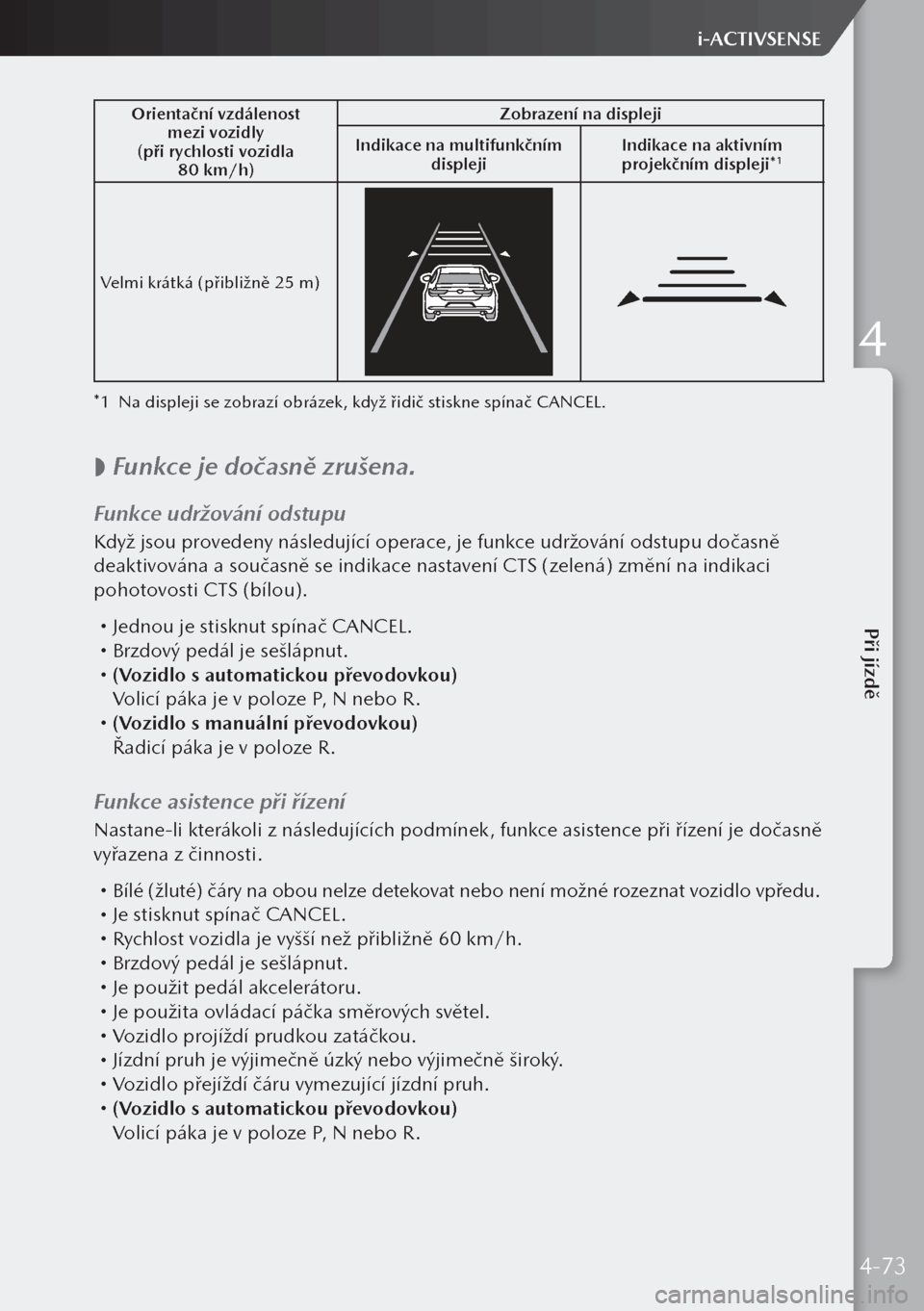 MAZDA MODEL 3 HATCHBACK 2019 Návod k obsluze (in Czech) Orientační vzdálenost mezi vozidly
(při rychlosti vozidla 80 km/h) Zobrazení na displeji
Indikace na multifunkčním displeji Indikace na aktivním
projekčním displeji*
1
Velmi krátká (p MAZDA MODEL 3 HATCHBACK 2019 Návod k obsluze (in Czech) Orientační vzdálenost mezi vozidly
(při rychlosti vozidla 80 km/h) Zobrazení na displeji
Indikace na multifunkčním displeji Indikace na aktivním
projekčním displeji*
1
Velmi krátká (p