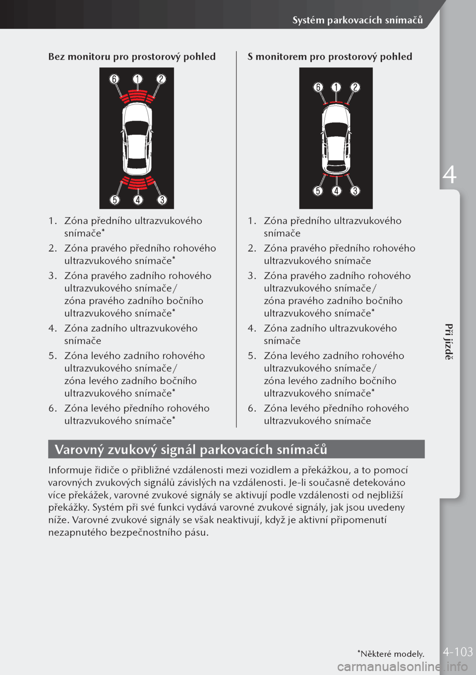 MAZDA MODEL 3 HATCHBACK 2019 Návod k obsluze (in Czech) *Některé modely.
Bez monitoru pro prostorový pohled
1. Zóna předního ultrazvukového
snímače*
2. Zóna pravého předního rohového
ultrazvukového snímače*
3. Zóna pravého zadního r MAZDA MODEL 3 HATCHBACK 2019 Návod k obsluze (in Czech) *Některé modely.
Bez monitoru pro prostorový pohled
1. Zóna předního ultrazvukového
snímače*
2. Zóna pravého předního rohového
ultrazvukového snímače*
3. Zóna pravého zadního r