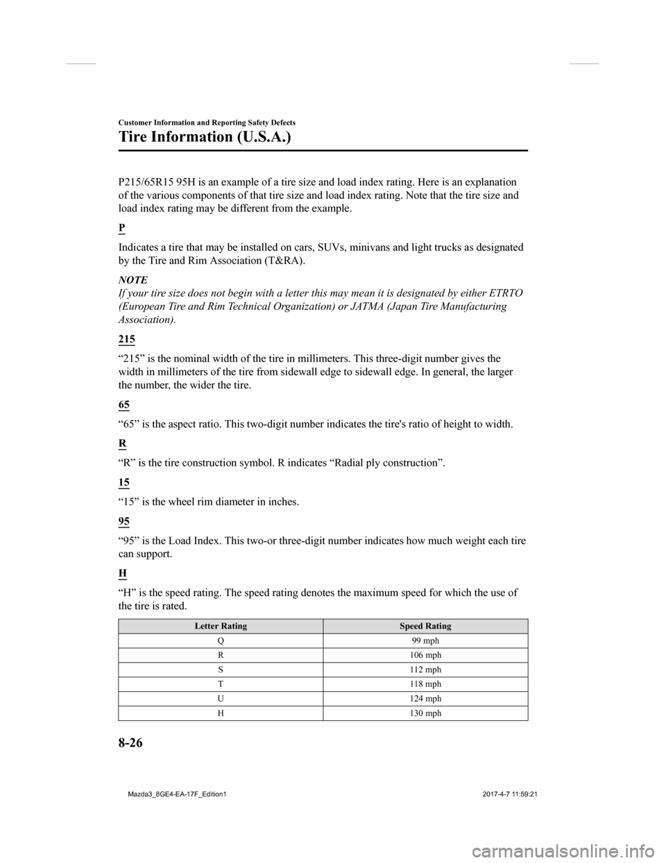 MAZDA MODEL 3 HATCHBACK 2018 Owners Manual (in English) P215/65R15 95H is an example of a tire size and load index rating. Here is an explanation
of the various components of tha t tire size and load index rating. Note that the tire size and
load index rat MAZDA MODEL 3 HATCHBACK 2018 Owners Manual (in English) P215/65R15 95H is an example of a tire size and load index rating. Here is an explanation
of the various components of tha t tire size and load index rating. Note that the tire size and
load index rat