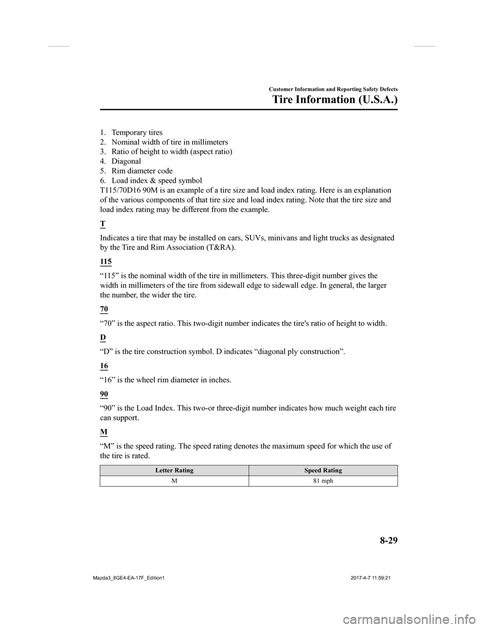 MAZDA MODEL 3 HATCHBACK 2018 Owners Manual (in English) 1. Temporary tires
2. Nominal width of tire in millimeters
3. Ratio of height to width (aspect ratio)
4. Diagonal
5. Rim diameter code
6. Load index & speed symbol
T115/70D16 90M is an example of a ti MAZDA MODEL 3 HATCHBACK 2018 Owners Manual (in English) 1. Temporary tires
2. Nominal width of tire in millimeters
3. Ratio of height to width (aspect ratio)
4. Diagonal
5. Rim diameter code
6. Load index & speed symbol
T115/70D16 90M is an example of a ti
