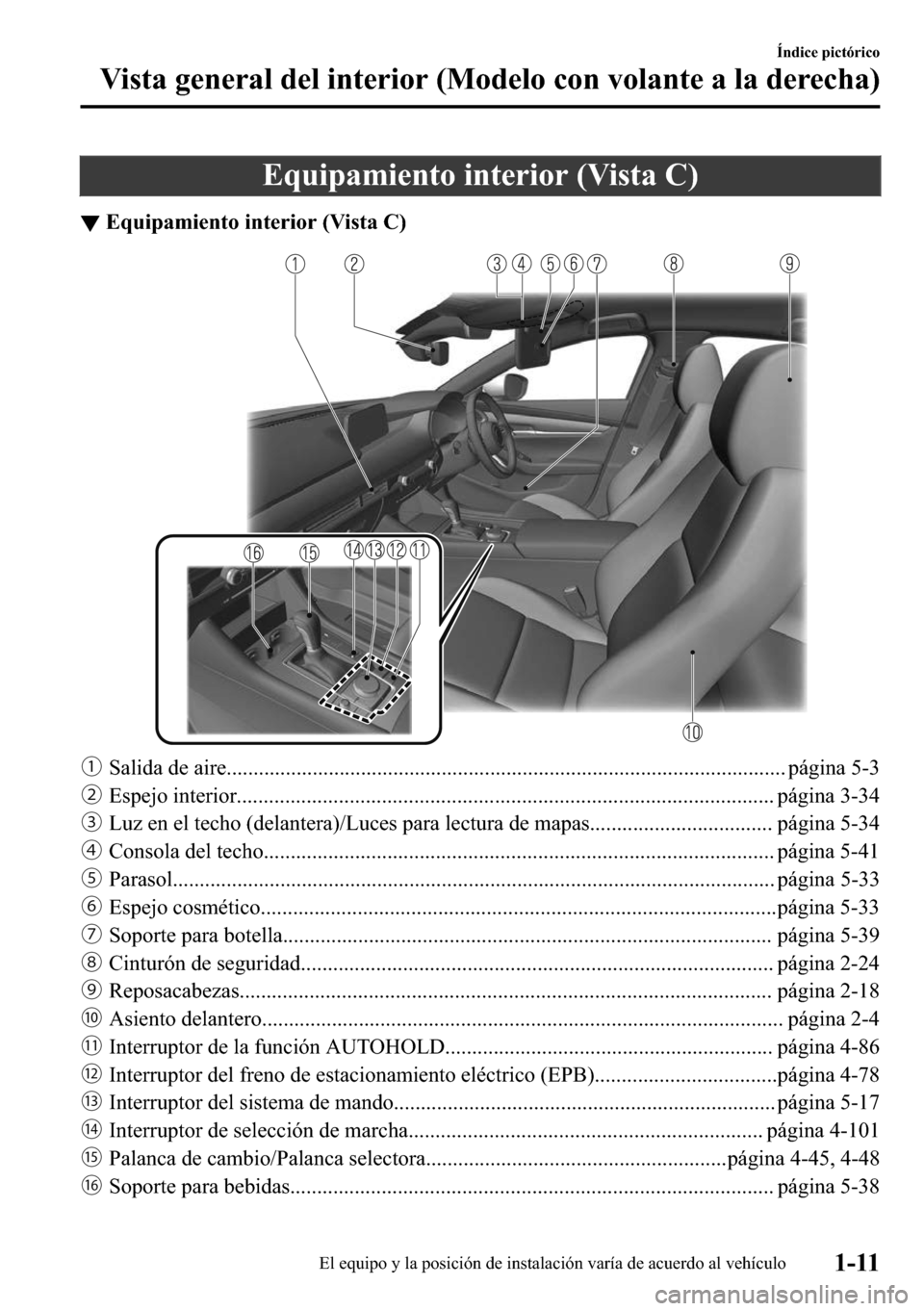 MAZDA MODEL 3 HATCHBACK 2018  Manual del propietario (in Spanish)  �(�T�X�L�S�D�P�L�H�Q�W�R��L�Q�W�H�U�L�R�U���9�L�V�W�D��&�
▼�(�T�X�L�S�D�P�L�H�Q�W�R��L�Q�W�H�U�L�R�U���9�L�V�W�D��&�
ƒ�6�D�O�L�G�D��G�H��D�L�U�H��������������������
