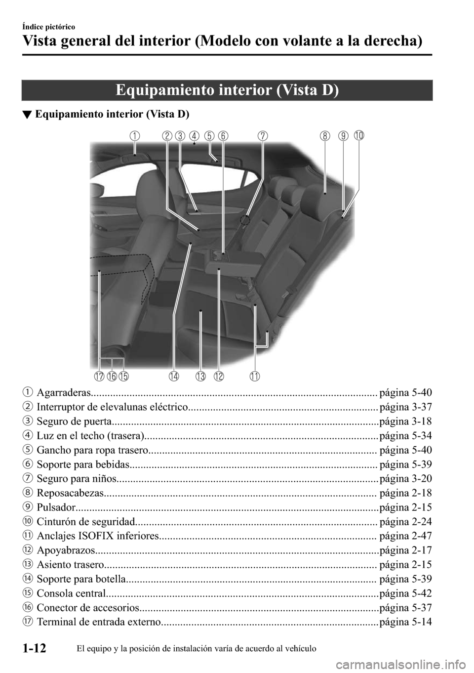 MAZDA MODEL 3 HATCHBACK 2018  Manual del propietario (in Spanish)  �(�T�X�L�S�D�P�L�H�Q�W�R��L�Q�W�H�U�L�R�U���9�L�V�W�D���
▼�(�T�X�L�S�D�P�L�H�Q�W�R��L�Q�W�H�U�L�R�U���9�L�V�W�D���
ƒ�$�J�D�U�U�D�G�H�U�D�V�����������������������