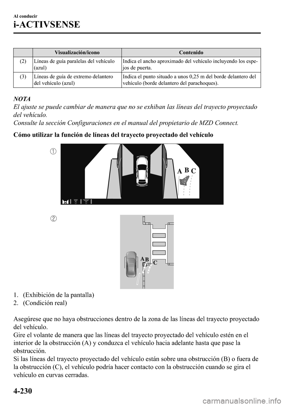 MAZDA MODEL 3 HATCHBACK 2018  Manual del propietario (in Spanish)  �9�L�V�X�D�O�L�]�D�F�L�y�Q��L�F�R�Q�R �&�R�Q�W�H�Q�L�G�R
��� �/�t�Q�H�D�V��G�H��J�X�t�D��S�D�U�D�O�H�O�D�V��G�H�O��Y�H�K�t�F�X�O�R
��D�]�X�O��,�Q�G�L�F�D��H�O��D�Q�F�K�R��D�S�U�R�[�L�P�D