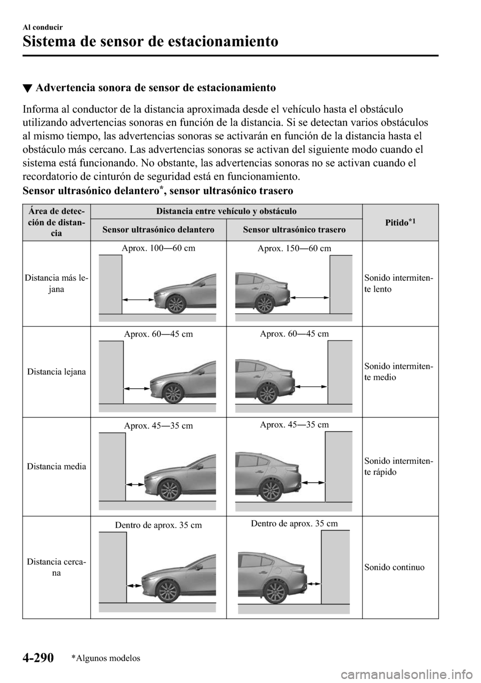 MAZDA MODEL 3 HATCHBACK 2018  Manual del propietario (in Spanish)  ▼�$�G�Y�H�U�W�H�Q�F�L�D��V�R�Q�R�U�D��G�H��V�H�Q�V�R�U��G�H��H�V�W�D�F�L�R�Q�D�P�L�H�Q�W�R
�,�Q�I�R�U�P�D��D�O��F�R�Q�G�X�F�W�R�U��G�H��O�D��G�L�V�W�D�Q�F�L�D��D�S�U�R�[�L�P�D�G�D��G�H�V