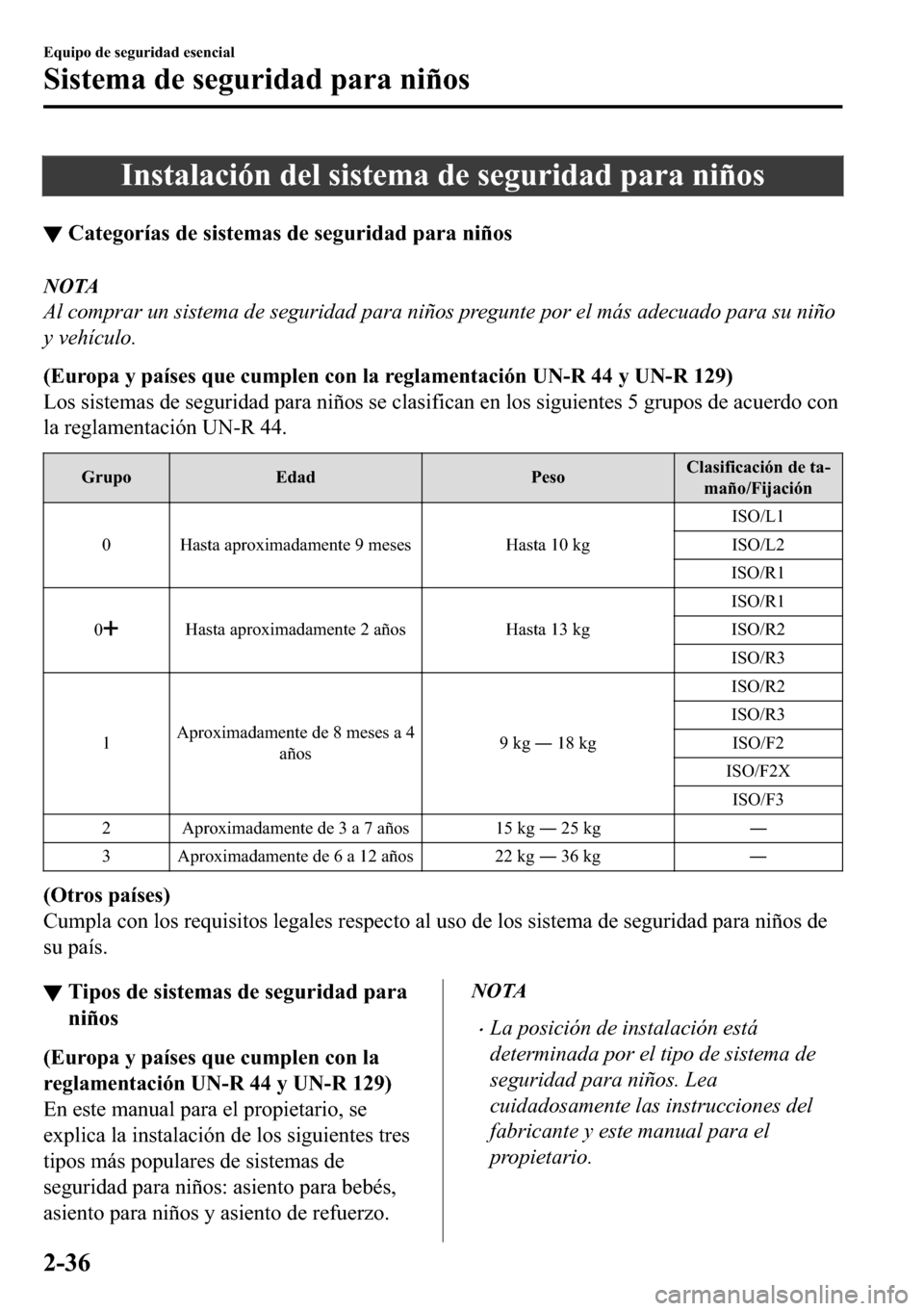 MAZDA MODEL 3 HATCHBACK 2018  Manual del propietario (in Spanish)  �,�Q�V�W�D�O�D�F�L�y�Q��G�H�O��V�L�V�W�H�P�D��G�H��V�H�J�X�U�L�G�D�G��S�D�U�D��Q�L�x�R�V
▼�&�D�W�H�J�R�U�t�D�V��G�H��V�L�V�W�H�P�D�V��G�H��V�H�J�X�U�L�G�D�G��S�D�U�D��Q�L�x�R�V
NOTA
Al c