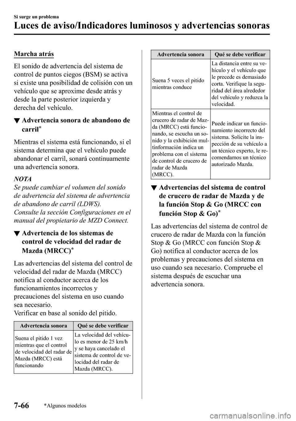 MAZDA MODEL 3 HATCHBACK 2018  Manual del propietario (in Spanish)  �0�D�U�F�K�D��D�W�U�i�V
�(�O��V�R�Q�L�G�R��G�H��D�G�Y�H�U�W�H�Q�F�L�D��G�H�O��V�L�V�W�H�P�D��G�H
�F�R�Q�W�U�R�O��G�H��S�X�Q�W�R�V��F�L�H�J�R�V���%�6�0���V�H��D�F�W�L�Y�D
�V�L��H�[�L�V�