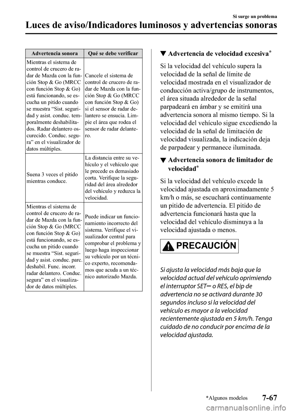 MAZDA MODEL 3 HATCHBACK 2018  Manual del propietario (in Spanish)  �$�G�Y�H�U�W�H�Q�F�L�D��V�R�Q�R�U�D �4�X�p��V�H��G�H�E�H��Y�H�U�L�I�L�F�D�U
�0�L�H�Q�W�U�D�V��H�O��V�L�V�W�H�P�D��G�H
�F�R�Q�W�U�R�O��G�H��F�U�X�F�H�U�R��G�H��U�D(
�G�D�U��G�H��0�D�]�G�D