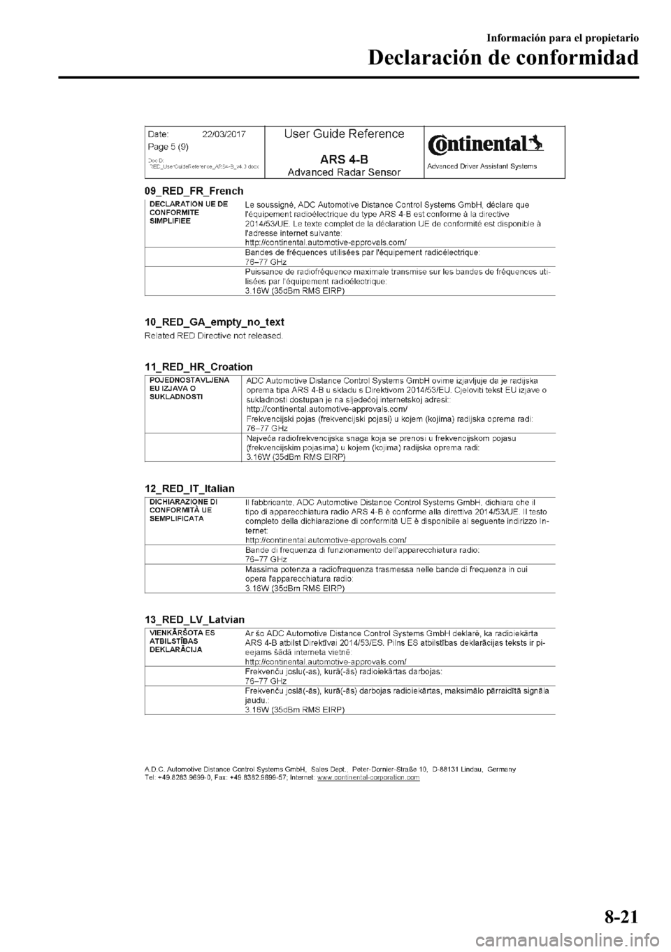 MAZDA MODEL 3 HATCHBACK 2018  Manual del propietario (in Spanish)  �,�Q�I�R�U�P�D�F�L�y�Q��S�D�U�D��H�O��S�U�R�S�L�H�W�D�U�L�R
��H�F�O�D�U�D�F�L�y�Q��G�H��F�R�Q�I�R�U�P�L�G�D�G
���� 