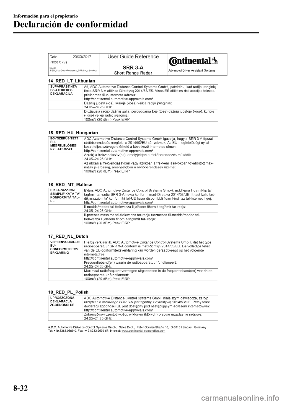 MAZDA MODEL 3 HATCHBACK 2018  Manual del propietario (in Spanish)  �,�Q�I�R�U�P�D�F�L�y�Q��S�D�U�D��H�O��S�U�R�S�L�H�W�D�U�L�R
��H�F�O�D�U�D�F�L�y�Q��G�H��F�R�Q�I�R�U�P�L�G�D�G
���� 