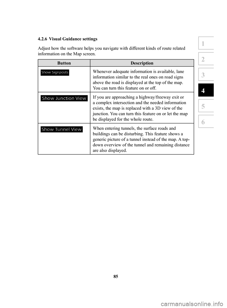 MAZDA MODEL 3 HATCHBACK 2017 Navigation Manual (in English) 85
1
2
3
4
5
6
4.2.6 Visual Guidance settings
Adjust how the software helps you navigate with different kinds of route related
information on the Map screen.
ButtonDescription
Whenever adequate in MAZDA MODEL 3 HATCHBACK 2017 Navigation Manual (in English) 85
1
2
3
4
5
6
4.2.6 Visual Guidance settings
Adjust how the software helps you navigate with different kinds of route related
information on the Map screen.
ButtonDescription
Whenever adequate in