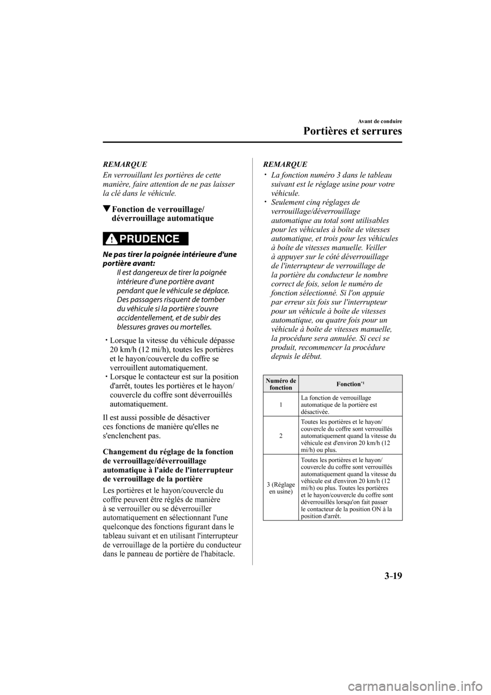 MAZDA MODEL 3 HATCHBACK 2017  Manuel du propriétaire (in French) 3–19
Avant de conduire
Portières et serrures
   REMARQUE
  En verrouillant les portières de cette 
manière, faire attention de ne pas laisser 
la clé dans le véhicule.
   
          Fonction de