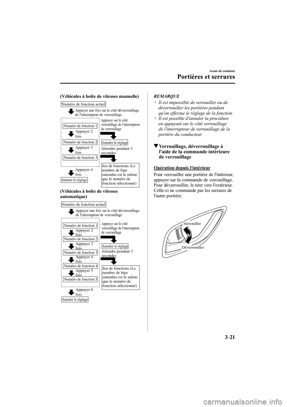 MAZDA MODEL 3 HATCHBACK 2017  Manuel du propriétaire (in French) 3–21
Avant de conduire
Portières et serrures
    (Véhicules à boîte de vitesses manuelle) 
 
Appuyer 2 
fois
Appuyer 3 
fois Numéro de fonction actuel
Numéro de fonction 1
Numéro de fonction 