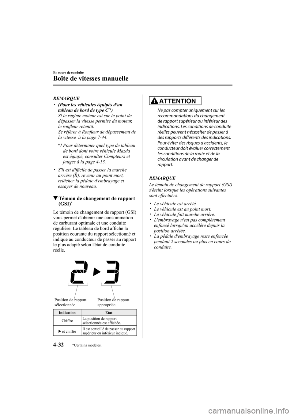 MAZDA MODEL 3 HATCHBACK 2017  Manuel du propriétaire (in French) 4–32
En cours de conduite
Boîte de vitesses manuelle
*Certains modèles.
   REMARQUE
� �
�
�
�y��  (Pour les véhicules équipés dun 
tableau de bord de type C *1 ) �
�  Si le régime mot