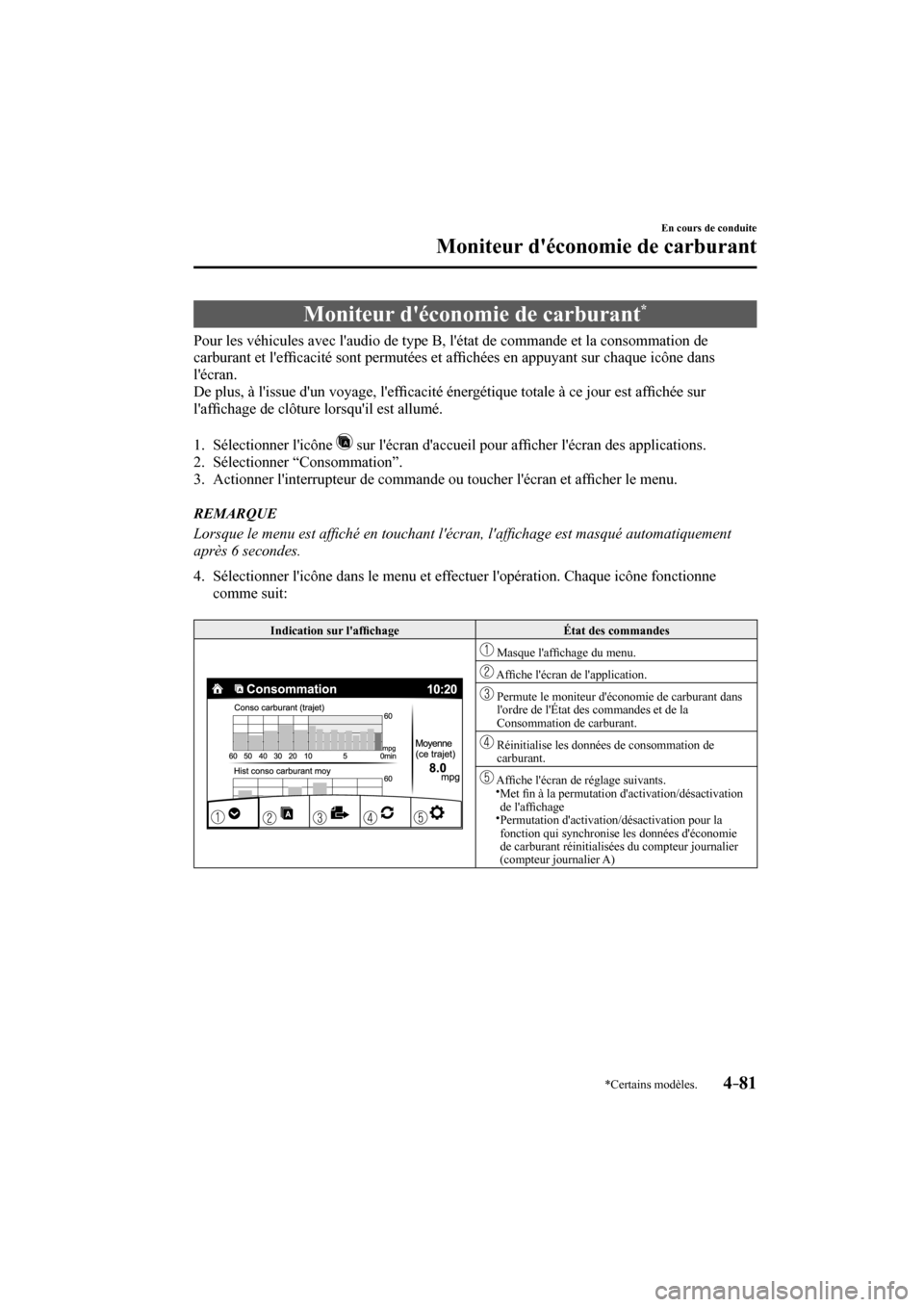 MAZDA MODEL 3 HATCHBACK 2017  Manuel du propriétaire (in French) 4–81
En cours de conduite
Moniteur déconomie de carburant
*Certains modèles.
      Moniteur  déconomie  de  carburant * 
            Pour les véhicules avec laudio de type B, létat de comma