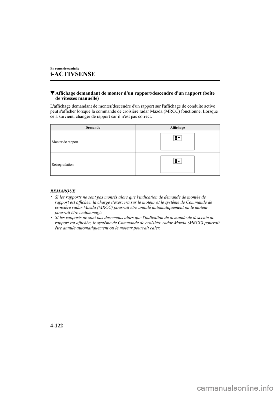MAZDA MODEL 3 HATCHBACK 2017  Manuel du propriétaire (in French) 4–122
En cours de conduite
i-ACTIVSENSE
          Af�¿ chage demandant de monter dun rapport/descendre dun rapport (boîte 
de vitesses manuelle)
            L  a f�¿ chage demandant de monter/