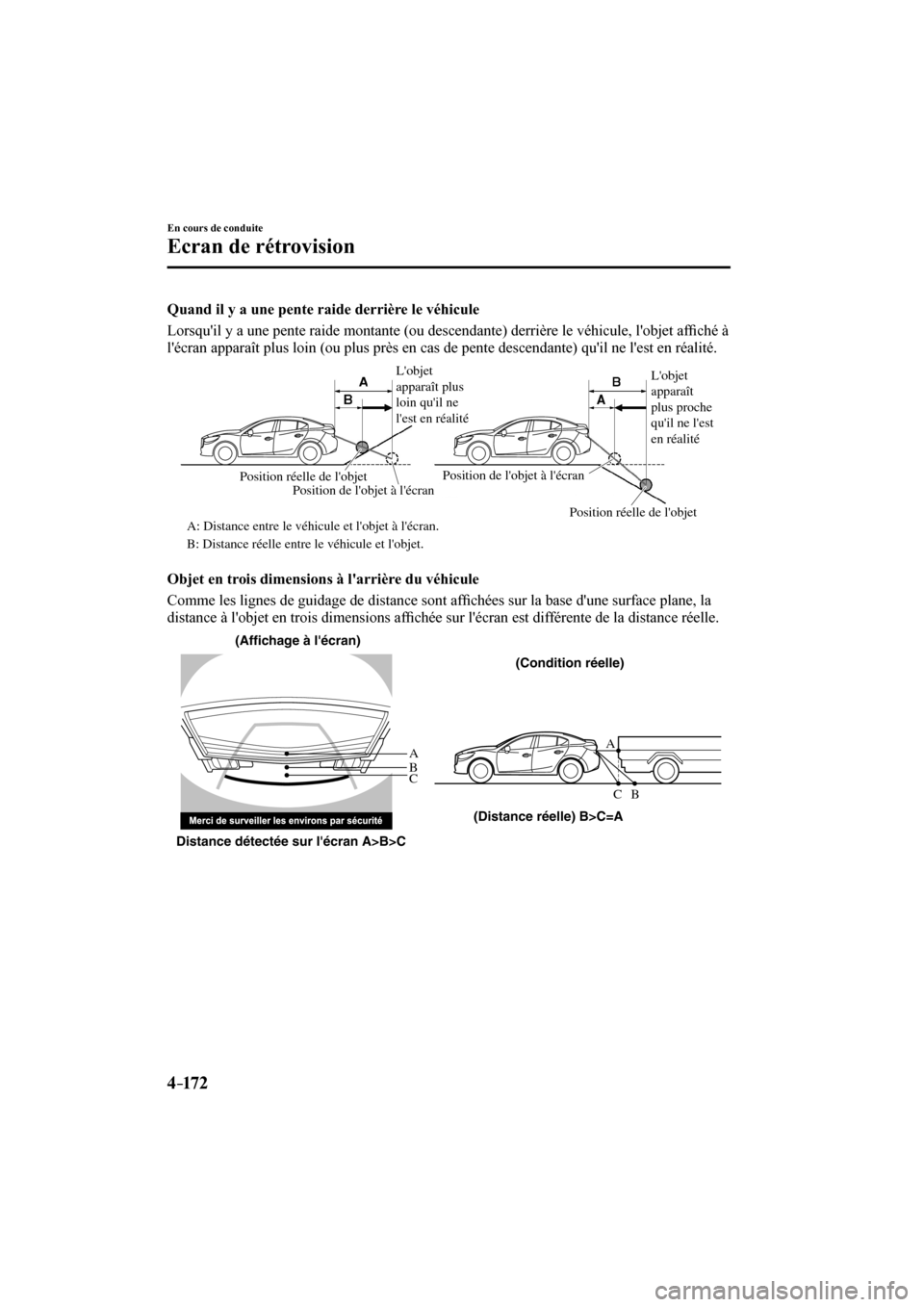 MAZDA MODEL 3 HATCHBACK 2017  Manuel du propriétaire (in French) 4–172
En cours de conduite
Ecran de rétrovision
  Quand il y a une pente raide derrière le véhicule
    Lorsquil y a une pente raide montante (ou descendante) derrière le véhicule, lobjet af�