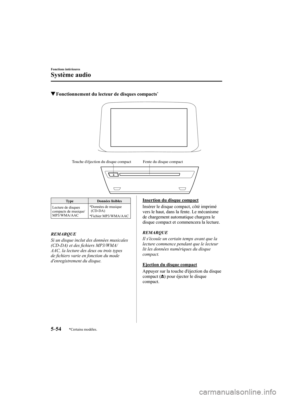 MAZDA MODEL 3 HATCHBACK 2017  Manuel du propriétaire (in French) 5–54
Fonctions intérieures
Système audio
*Certains modèles.
          Fonctionnement du lecteur de disques compacts * 
   
Fente du disque compactTouche déjection du disque compact
 
 Type   Do