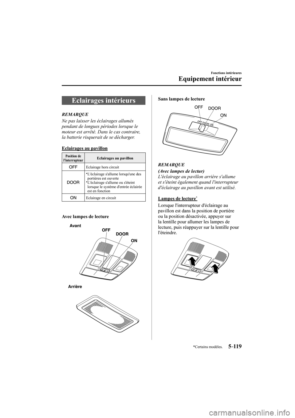 MAZDA MODEL 3 HATCHBACK 2017  Manuel du propriétaire (in French) 5–119
Fonctions intérieures
Equipement intérieur
*Certains modèles.
 Eclairages  intérieurs
                         R E M A R Q U E
  Ne pas laisser les éclairages allumés 
pendant de longues