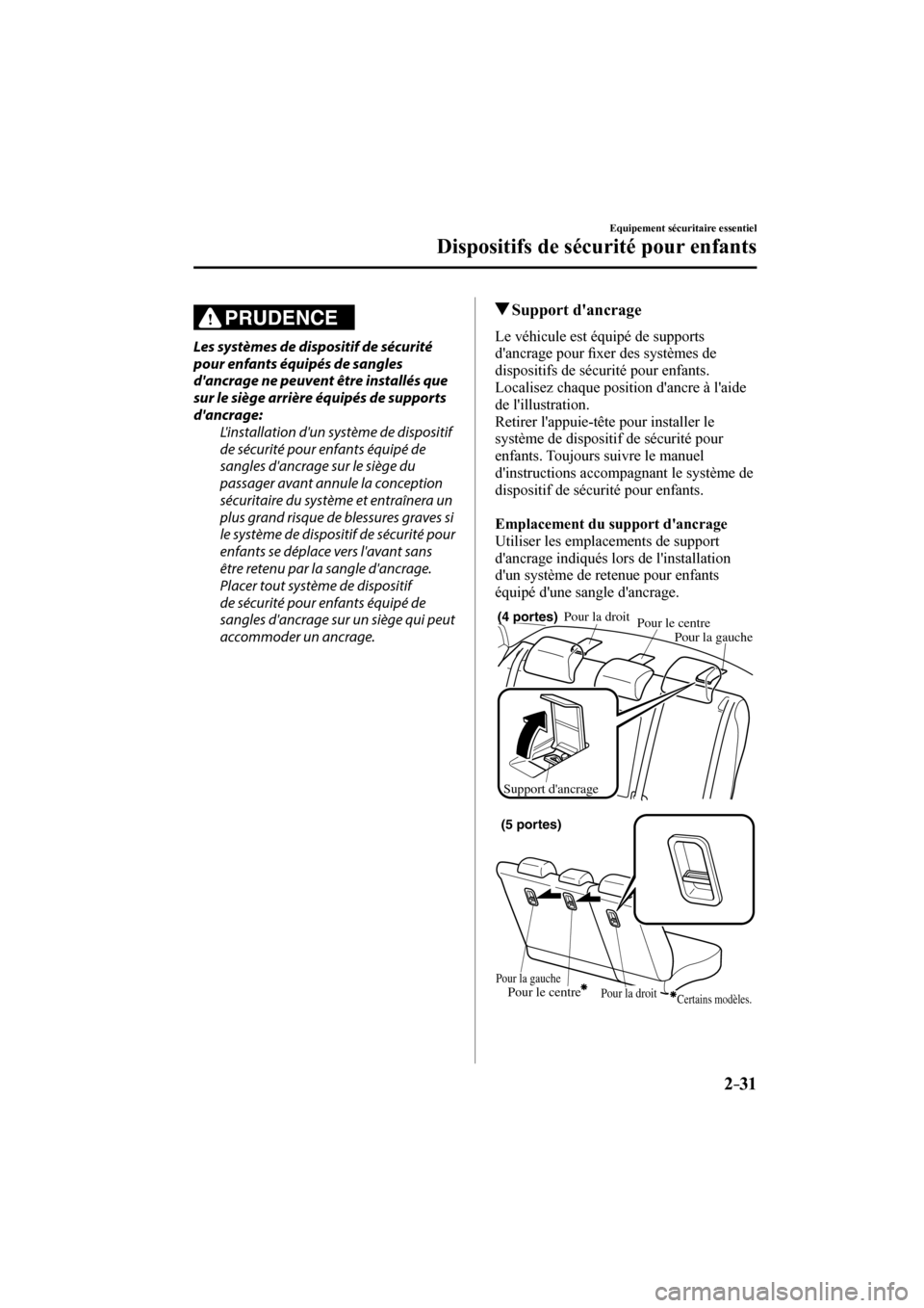 MAZDA MODEL 3 HATCHBACK 2017 Manuel du propriétaire (in French) 2–31
Equipement sécuritaire essentiel
Dispositifs de sécurité pour enfants
PRUDENCE
Les systèmes de dispositif de sécurité
pour enfants équipés de sangles
dancrage ne peuvent être i MAZDA MODEL 3 HATCHBACK 2017 Manuel du propriétaire (in French) 2–31
Equipement sécuritaire essentiel
Dispositifs de sécurité pour enfants
PRUDENCE
Les systèmes de dispositif de sécurité
pour enfants équipés de sangles
dancrage ne peuvent être i
