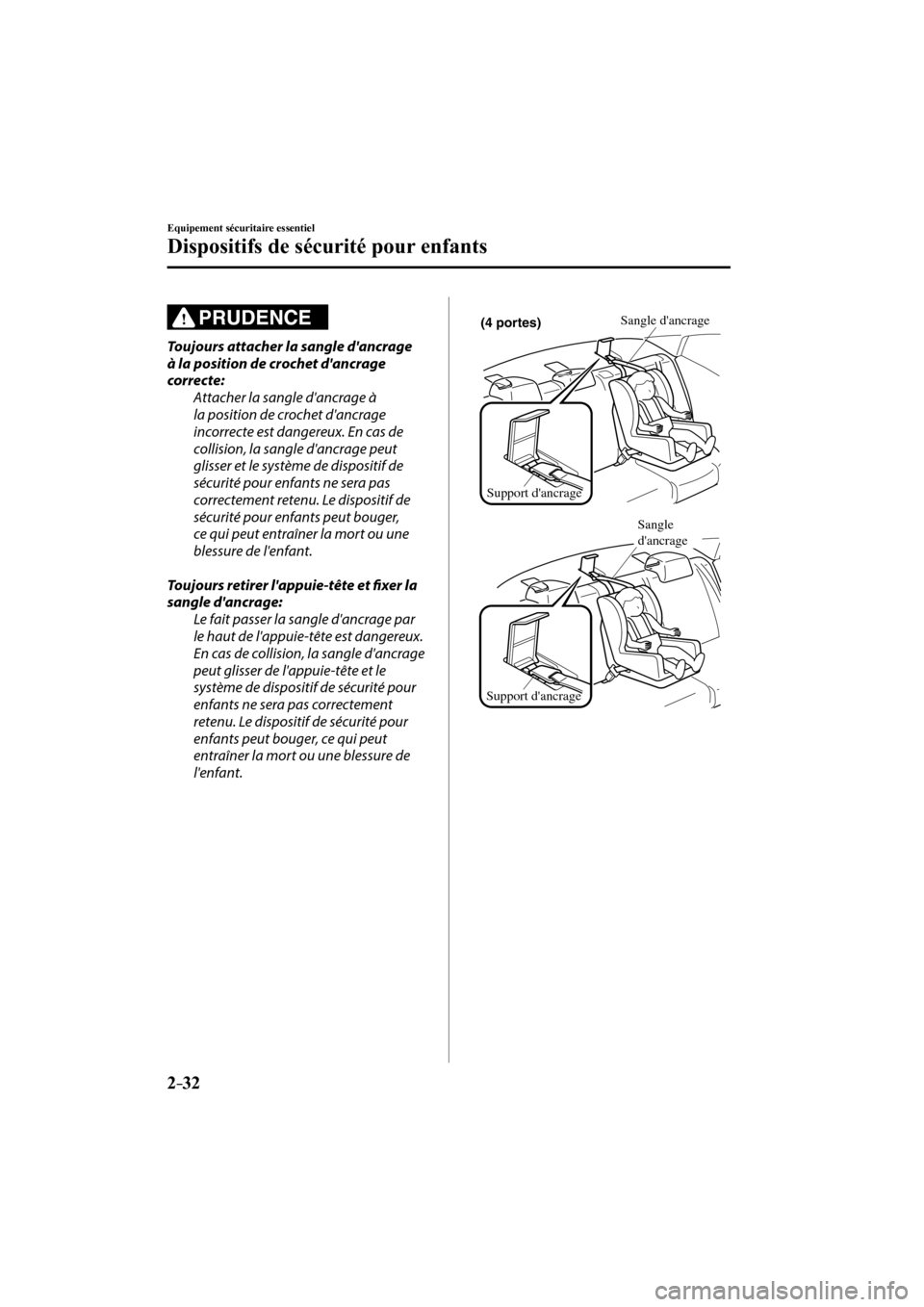 MAZDA MODEL 3 HATCHBACK 2017 Manuel du propriétaire (in French) 2–32
Equipement sécuritaire essentiel
Dispositifs de sécurité pour enfants
PRUDENCE
Toujours attacher la sangle dancrage
à la position de crochet dancrage
correcte:
Attacher la MAZDA MODEL 3 HATCHBACK 2017 Manuel du propriétaire (in French) 2–32
Equipement sécuritaire essentiel
Dispositifs de sécurité pour enfants
PRUDENCE
Toujours attacher la sangle dancrage
à la position de crochet dancrage
correcte:
Attacher la