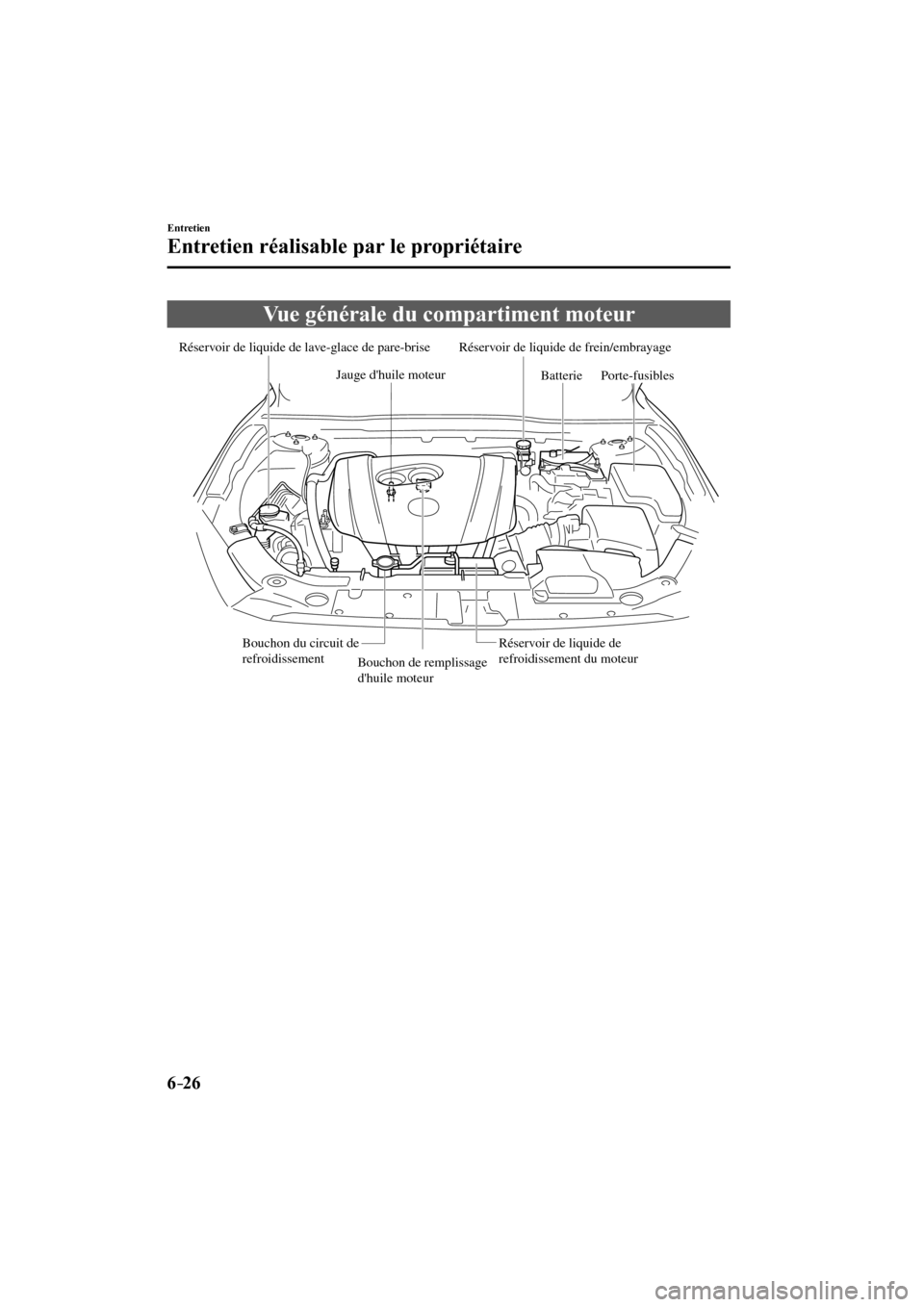 MAZDA MODEL 3 HATCHBACK 2017  Manuel du propriétaire (in French) 6–26
Entretien
Entretien réalisable par le propriétaire
 Vue générale du compartiment moteur
             
Réservoir de liquide de lave-glace de pare-brise Réservoir de liquide de frein/embray