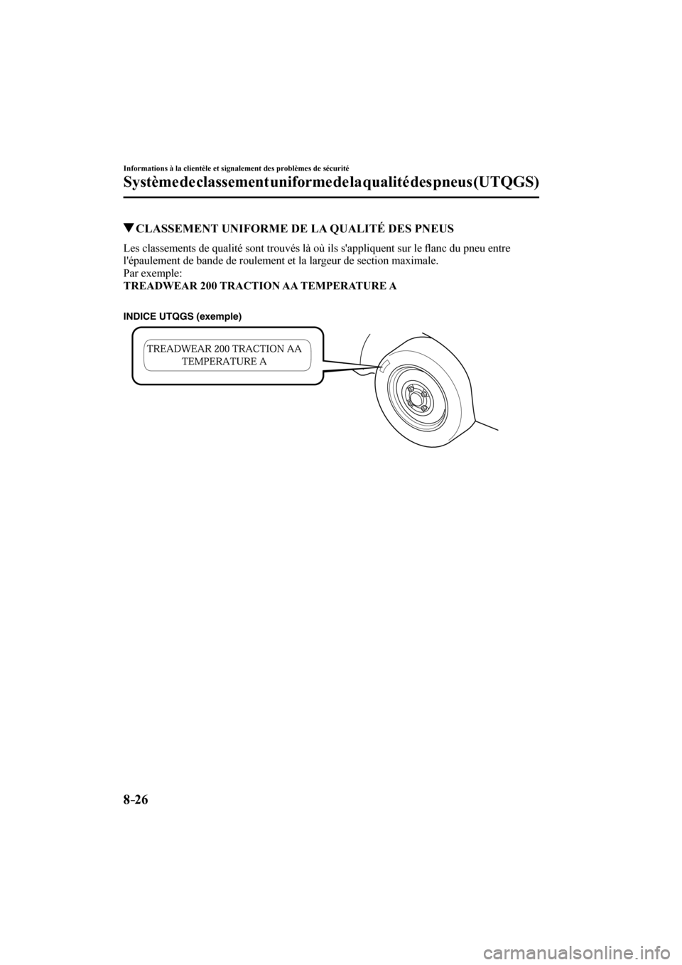 MAZDA MODEL 3 HATCHBACK 2017 Manuel du propriétaire (in French) 8–26
Informations à la clientèle et signalement des problèmes de sécurité
Système de classement uniforme de la qualité des pneus (UTQGS)
CLASSEMENT UNIFORME DE LA QUALITÉ DES PNEUS MAZDA MODEL 3 HATCHBACK 2017 Manuel du propriétaire (in French) 8–26
Informations à la clientèle et signalement des problèmes de sécurité
Système de classement uniforme de la qualité des pneus (UTQGS)
CLASSEMENT UNIFORME DE LA QUALITÉ DES PNEUS