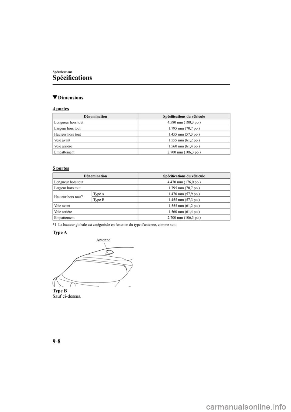 MAZDA MODEL 3 HATCHBACK 2017  Manuel du propriétaire (in French) 9–8
Spéci�¿ cations
Spéci�¿ cations
          Dimensions
              4   p o r t e s
 Dénomination   Spéci�¿ cations du véhicule 
 Longueur hors tout   4.580 mm (180,3 po.) 
 Largeur hors 