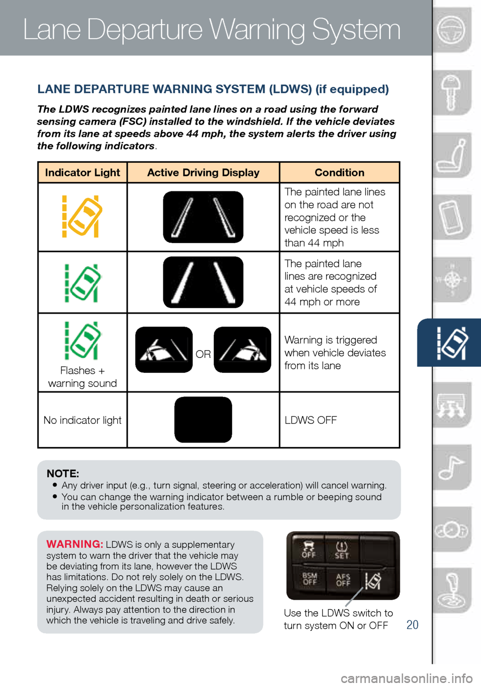 MAZDA MODEL 3 HATCHBACK 2016 Smart Start Guide (in English) 20
LANE DEPARTURE WARNING SYSTEM (LDWS) (if equipped)
The LDWS recognizes painted lane lines on a road using the forward
sensing camera (FSC) installed to the windshield. If the vehicle deviates
fro MAZDA MODEL 3 HATCHBACK 2016 Smart Start Guide (in English) 20
LANE DEPARTURE WARNING SYSTEM (LDWS) (if equipped)
The LDWS recognizes painted lane lines on a road using the forward
sensing camera (FSC) installed to the windshield. If the vehicle deviates
fro