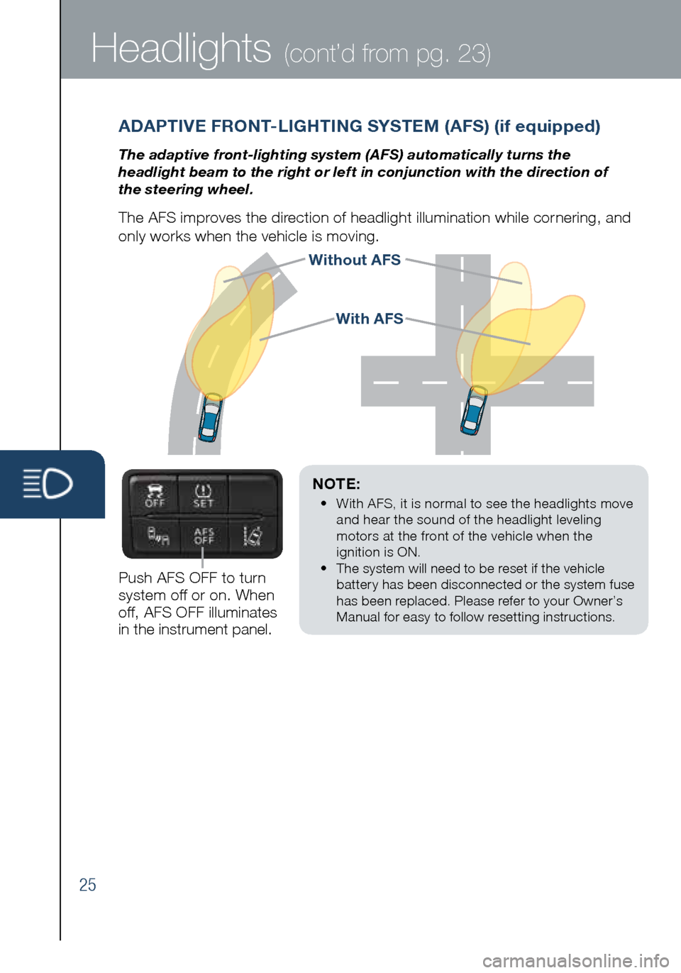 MAZDA MODEL 3 HATCHBACK 2016 Smart Start Guide (in English) 25
Headlights (cont’d from pg. 23)
Without AFS
NOTE:
• With AFS, it is normal to see the headlights move
and hear the sound of the headlight leveling
motors at the front of the vehicle when MAZDA MODEL 3 HATCHBACK 2016 Smart Start Guide (in English) 25
Headlights (cont’d from pg. 23)
Without AFS
NOTE:
• With AFS, it is normal to see the headlights move
and hear the sound of the headlight leveling
motors at the front of the vehicle when