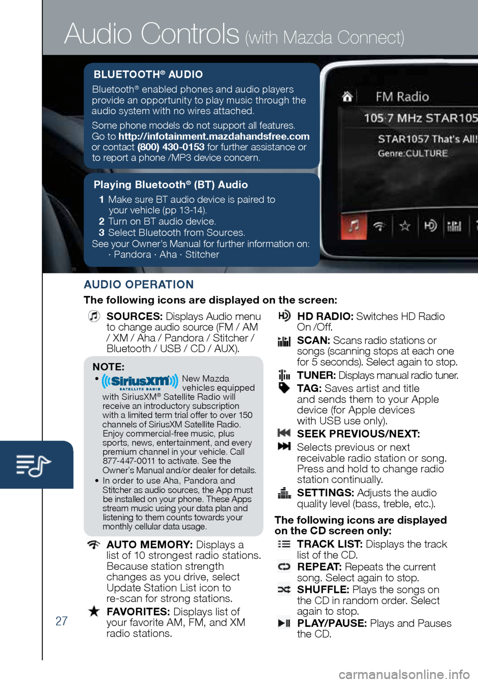 MAZDA MODEL 3 HATCHBACK 2016 Smart Start Guide (in English) 27
Audio Controls (with Mazda Connect)
AUDIO OPERATION
The following icons are displayed on the screen:
SOURCES
: Displays Audio menu
to change audio source (FM / AM
/ XM / Aha / Pandora / Sti MAZDA MODEL 3 HATCHBACK 2016 Smart Start Guide (in English) 27
Audio Controls (with Mazda Connect)
AUDIO OPERATION
The following icons are displayed on the screen:
SOURCES
: Displays Audio menu
to change audio source (FM / AM
/ XM / Aha / Pandora / Sti