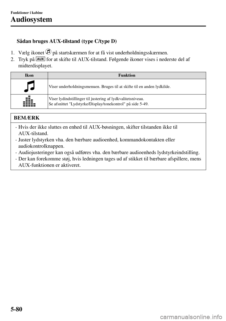 MAZDA MODEL 3 HATCHBACK 2016 Instruktionsbog (in Danish) tSådan bruges AUX-tilstand (type C/type D)
1. Vælg ikonet på startskærmen for at få vist underholdningsskærmen.
2. Tryk på
for at skifte til AUX-tilstand. Følgende ikoner vises i nederste d MAZDA MODEL 3 HATCHBACK 2016 Instruktionsbog (in Danish) tSådan bruges AUX-tilstand (type C/type D)
1. Vælg ikonet på startskærmen for at få vist underholdningsskærmen.
2. Tryk på
for at skifte til AUX-tilstand. Følgende ikoner vises i nederste d