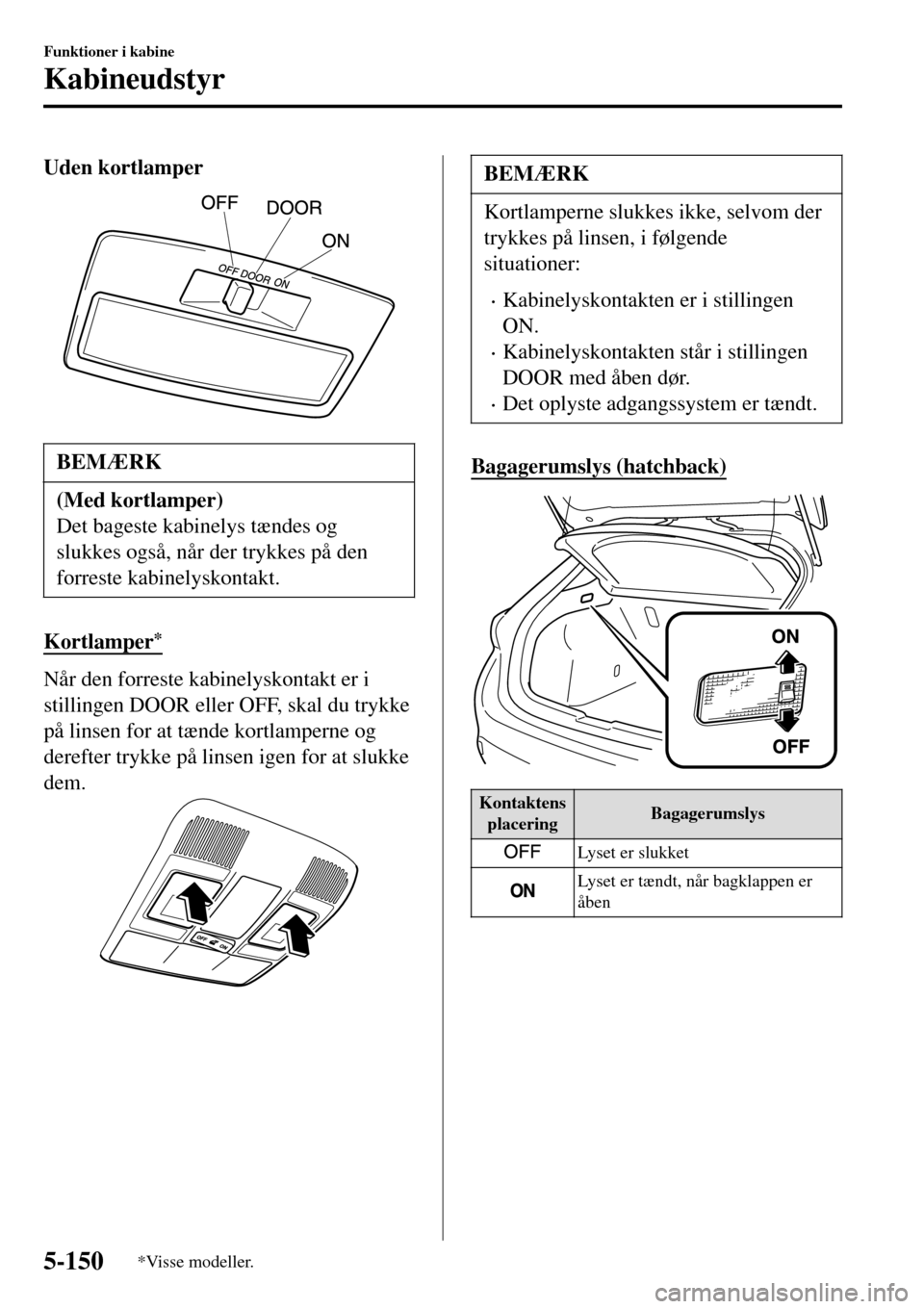 MAZDA MODEL 3 HATCHBACK 2016 Instruktionsbog (in Danish) Uden kortlamper
BEMÆRK
(Med kortlamper)
Det bageste kabinelys tændes og
slukkes også, når der trykkes på den
forreste kabinelyskontakt.
Kortlamper*
Når den forreste kabinelyskontakt er i
stillin MAZDA MODEL 3 HATCHBACK 2016 Instruktionsbog (in Danish) Uden kortlamper
BEMÆRK
(Med kortlamper)
Det bageste kabinelys tændes og
slukkes også, når der trykkes på den
forreste kabinelyskontakt.
Kortlamper*
Når den forreste kabinelyskontakt er i
stillin