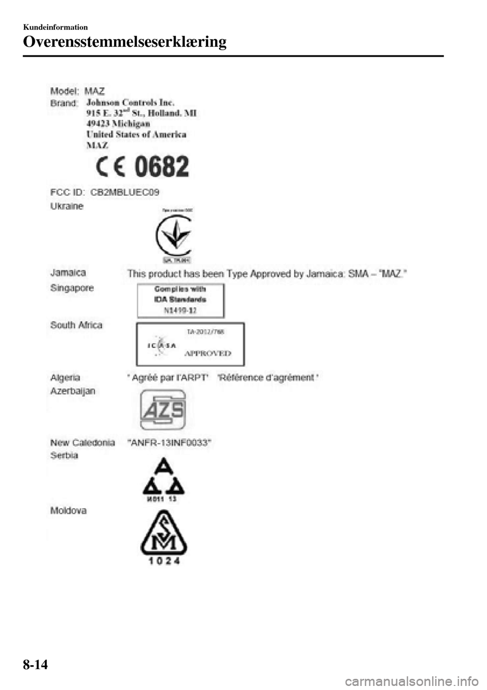 MAZDA MODEL 3 HATCHBACK 2016 Instruktionsbog (in Danish) Kundeinformation
Overensstemmelseserklæring
8-14 MAZDA MODEL 3 HATCHBACK 2016 Instruktionsbog (in Danish) Kundeinformation
Overensstemmelseserklæring
8-14