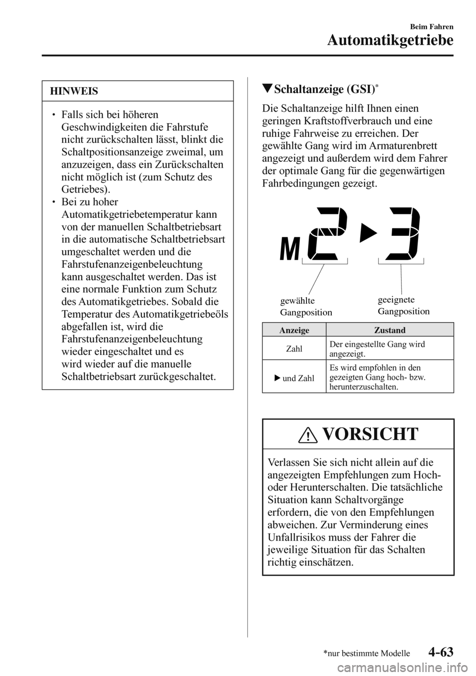MAZDA MODEL 3 HATCHBACK 2016  Betriebsanleitung (in German) 4–63
Beim Fahren
Automatikgetriebe
*nur bestimmte Modelle
 HINWEIS
� � ��  Falls sich bei höheren 
Geschwindigkeiten die Fahrstufe 
nicht zurückschalten lässt, blinkt die 
Schaltpositionsanzei