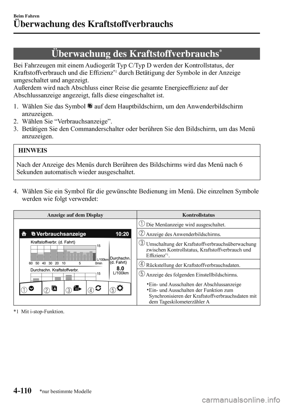 MAZDA MODEL 3 HATCHBACK 2016  Betriebsanleitung (in German) 4–110
Beim Fahren
Überwachung des Kraftstoffverbrauchs
*nur bestimmte Modelle
      Überwachung  des  Kraftstoffverbrauchs *
            Bei  Fahrzeugen  mit  einem  Audiogerät  Typ  C/Typ  D  we
