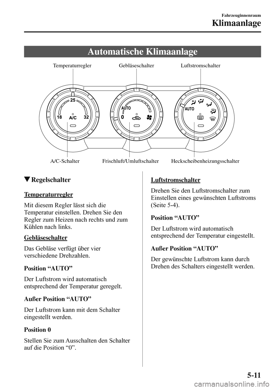 MAZDA MODEL 3 HATCHBACK 2016  Betriebsanleitung (in German) 5–11
Fahrzeuginnenraum
Klimaanlage
 Automatische  Klimaanlage
           Heckscheibenheizungsschalter  Temperaturregler 
Gebläseschalter Luftstromschalter 
A/C-SchalterFrischluft/Umluftschalter  
 