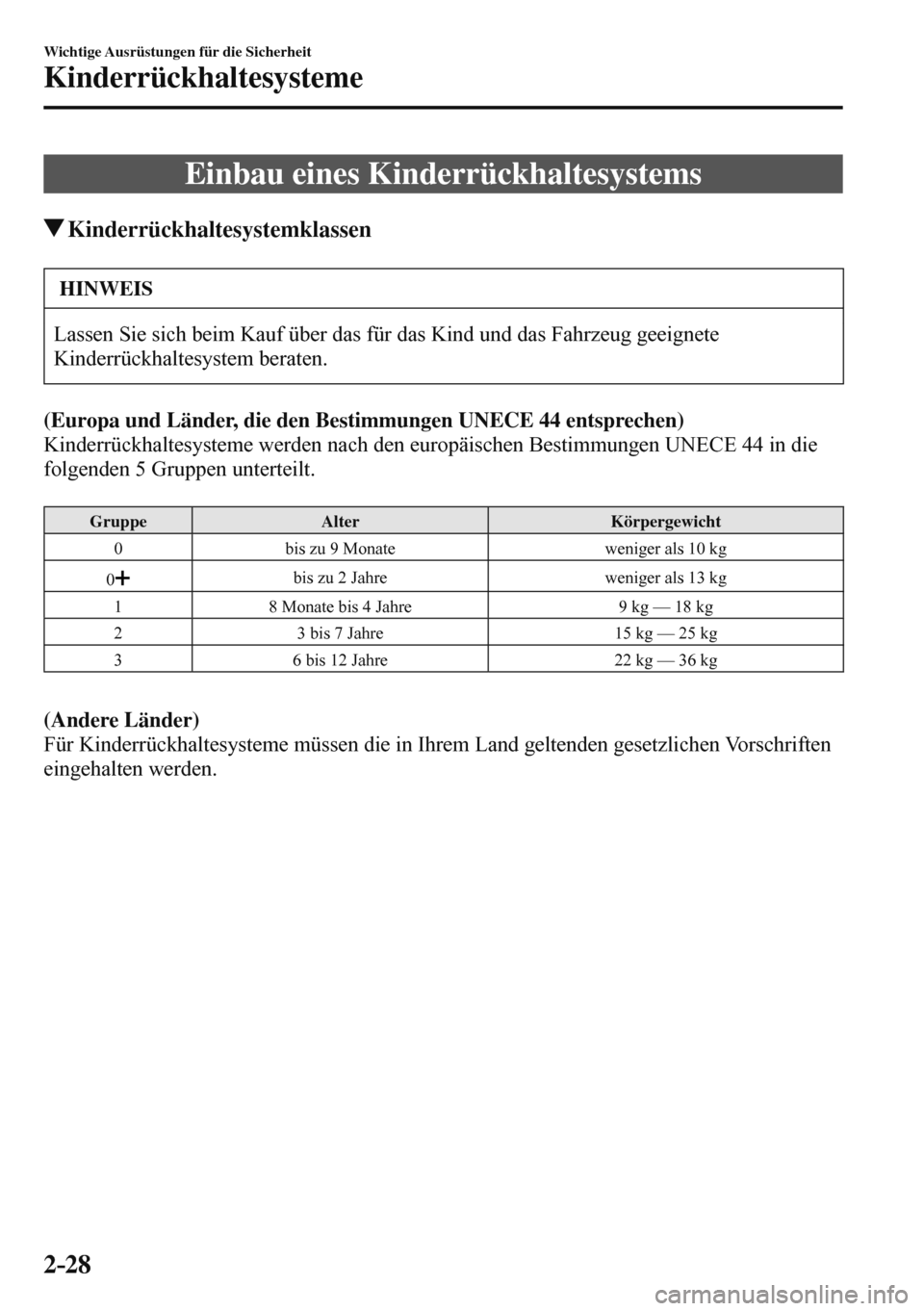 MAZDA MODEL 3 HATCHBACK 2016  Betriebsanleitung (in German) 2–28
Wichtige Ausrüstungen für die Sicherheit
Kinderrückhaltesysteme
 Einbau eines Kinderrückhaltesystems
 Kinderrückhaltesystemklassen
 HINWEIS
 Lassen Sie sich beim Kauf über das für das Ki