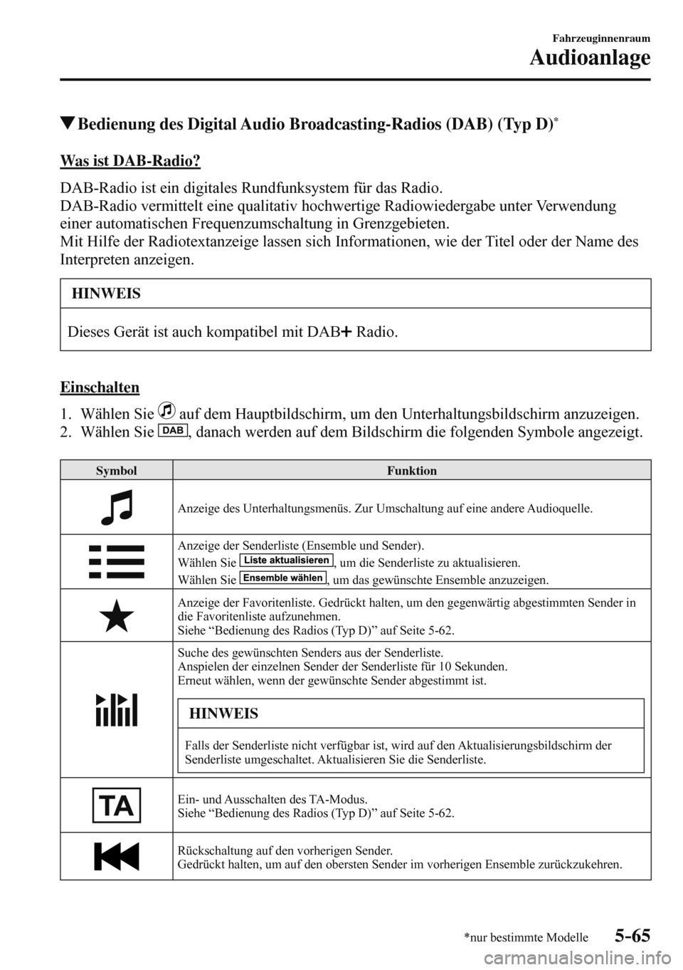 MAZDA MODEL 3 HATCHBACK 2016  Betriebsanleitung (in German) 5–65
Fahrzeuginnenraum
Audioanlage
*nur bestimmte Modelle
 Bedienung des Digital Audio Broadcasting-Radios (DAB) (Typ D) *
    Was  ist  DAB-Radio?
    DAB-Radio ist ein digitales Rundfunksystem fü