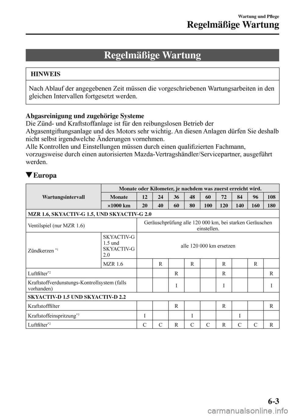MAZDA MODEL 3 HATCHBACK 2016  Betriebsanleitung (in German) 6–3
Wartung und P�À ege
Regelmäßige Wartung
                R e g e l m ä ß i g e   W a r t u n g
 HINWEIS
 Nach Ablauf der angegebenen Zeit müssen die vorgeschriebenen Wartungsarbeiten in den