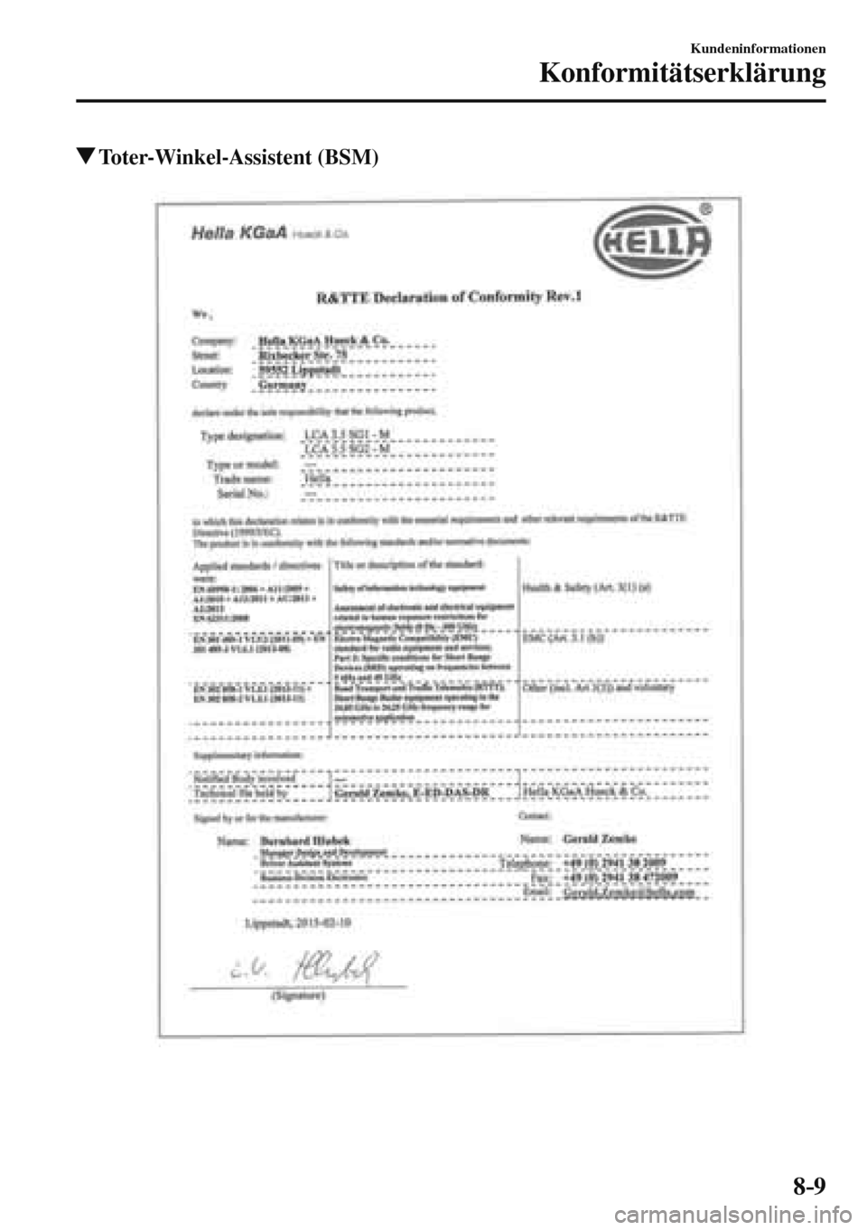 MAZDA MODEL 3 HATCHBACK 2016  Betriebsanleitung (in German) 8–9
Kundeninformationen
Konformitätserklärung
 Toter-Winkel-Assistent  (BSM)
    
��������������������� 