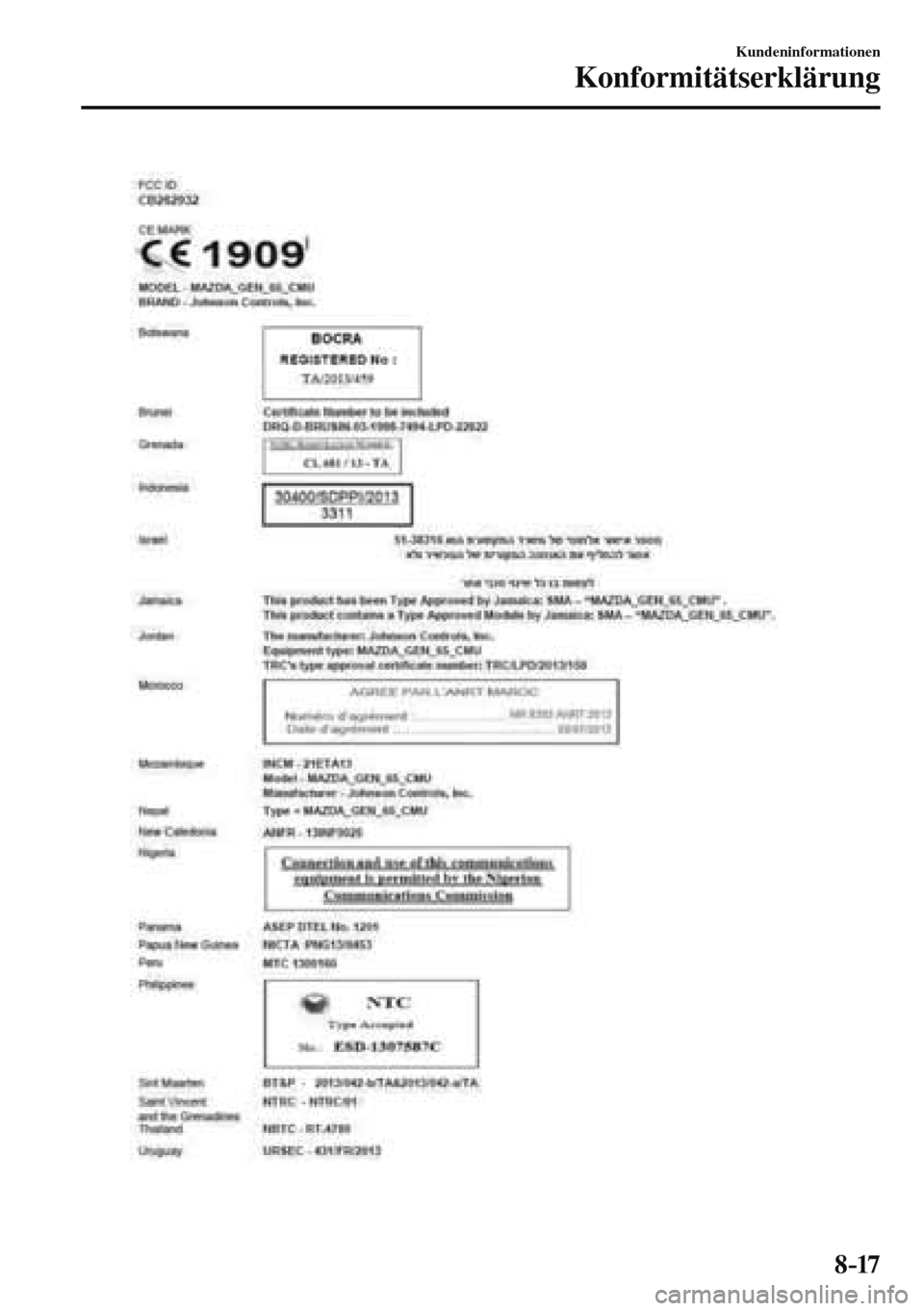 MAZDA MODEL 3 HATCHBACK 2016  Betriebsanleitung (in German) 8–17
Kundeninformationen
Konformitätserklärung
  
��������������������� 