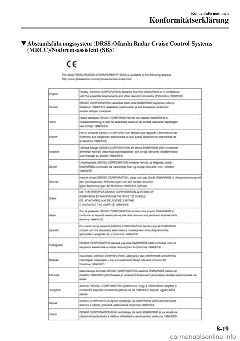 MAZDA MODEL 3 HATCHBACK 2016  Betriebsanleitung (in German) 8–19
Kundeninformationen
Konformitätserklärung
 Abstandsführungssystem (DRSS)/Mazda Radar Cruise Control-Systems 
(MRCC)/Notbremsassistent (SBS)
    
��������������������� 
