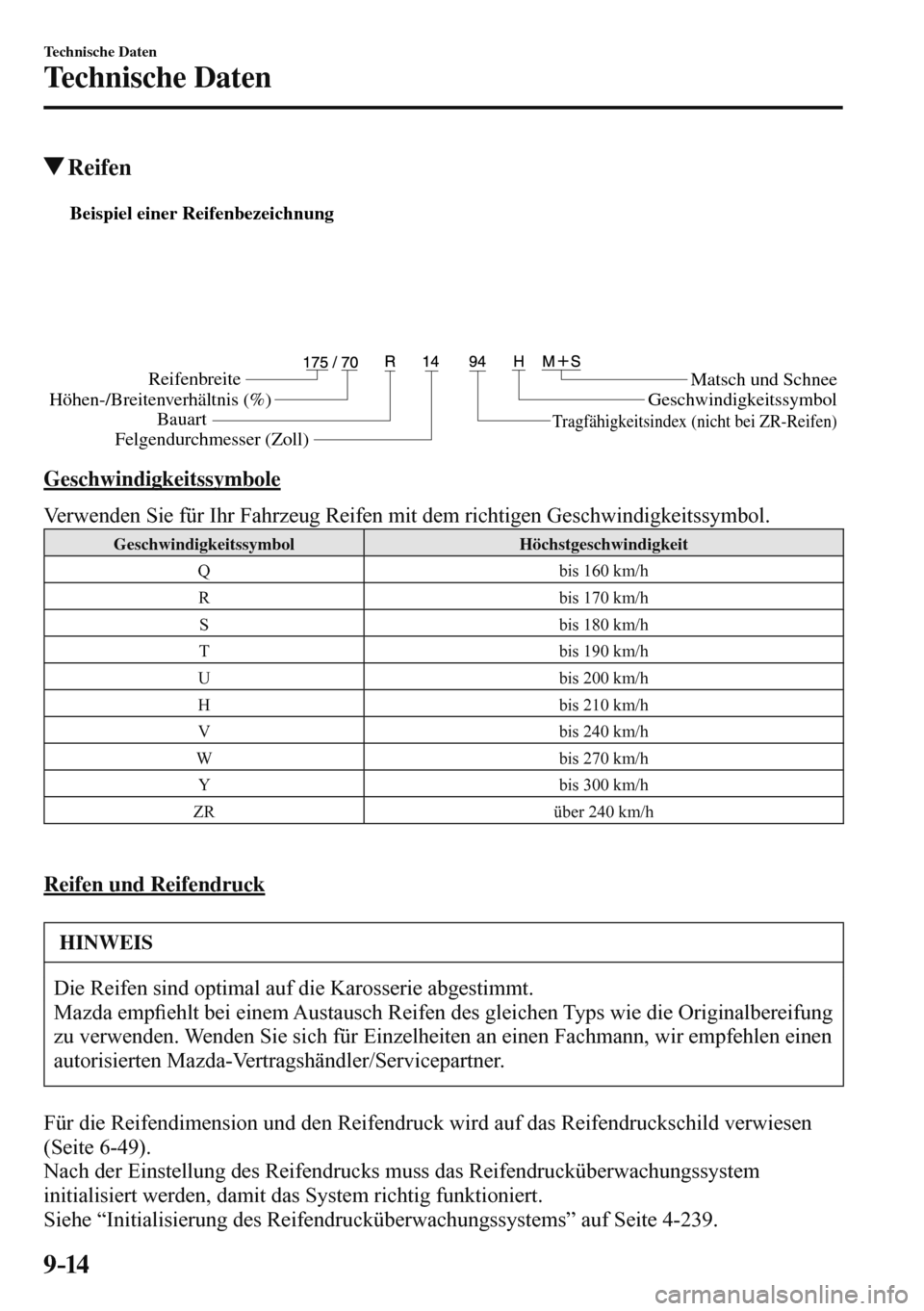 MAZDA MODEL 3 HATCHBACK 2016  Betriebsanleitung (in German) 9–14
Technische Daten
Technische Daten
 Reifen
           
Beispiel einer Reifenbezeichnung 
Reifenbreite
Höhen-/Breitenverhältnis (%)
BauartMatsch und Schnee
Geschwindigkeitssymbol
Tragfähigkeit