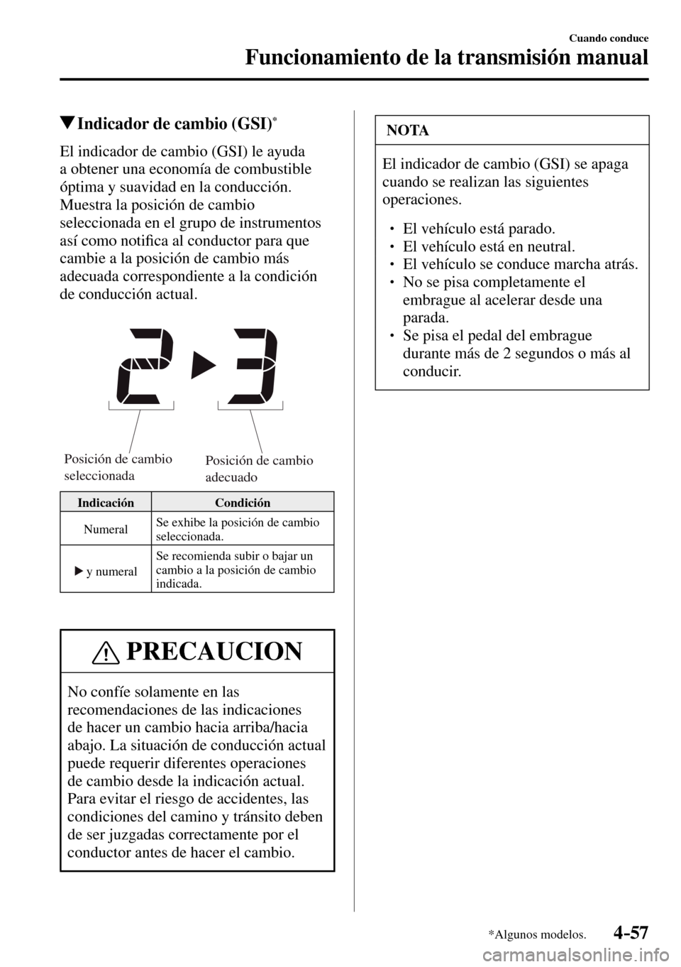 MAZDA MODEL 3 HATCHBACK 2016  Manual del propietario (in Spanish) 4–57
Cuando conduce
Funcionamiento de la transmisión manual
*Algunos modelos.
 Indicador de cambio (GSI) *
    El indicador de cambio (GSI) le ayuda 
a obtener una economía de combustible 
óptima
